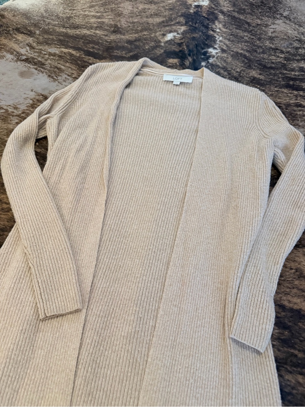 LOFT Long Ribbed Open-Front Cardigan - Beige/Cream - Picture 2 of 3